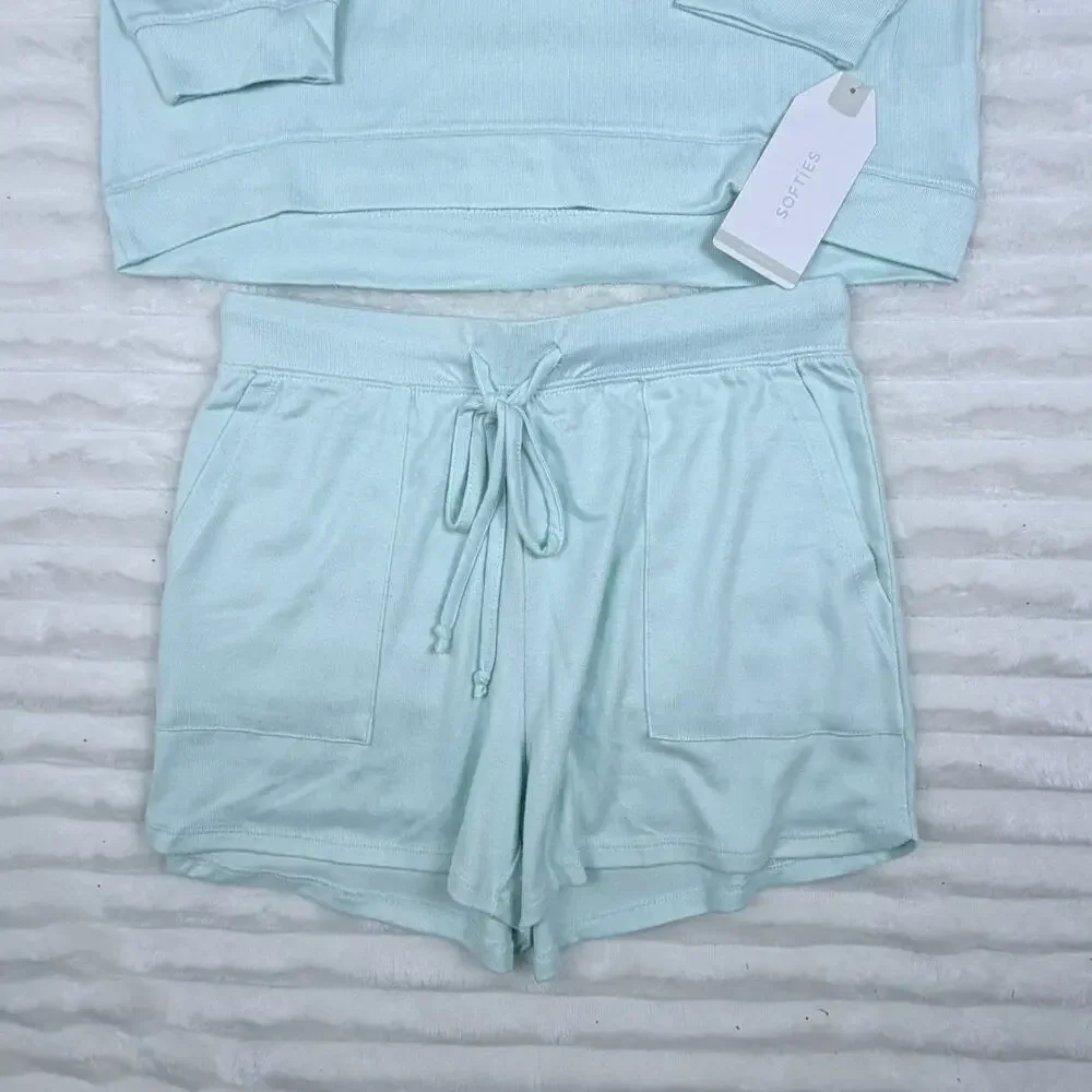 Softies Women's 3/4 Sleeve Boat Neck Top and Short Set Aqua Mint /Small